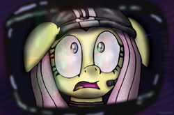 Size: 1427x943 | Tagged: safe, artist:theclassicthinker, fluttershy, pegasus, pony, 2001: a space odyssey, astronaut, beyond the infinite, crossover, floppy ears, looking at something, movie reference, my god its full of stars, open mouth, reflection, shocked, solo, space, spacesuit, wide eyes, wormhole