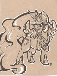 Size: 600x792 | Tagged: safe, artist:foxypickles, princess celestia, alicorn, pony, female, mare, monochrome, raised hoof, simple background, solo, spread wings, traditional art, wings