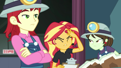 Size: 1920x1080 | Tagged: safe, screencap, nolan north, sophisticata, sunset shimmer, all the world's off stage, better together, equestria girls, clipboard, clothes, director shimmer, ear piercing, earring, exasperated face, eyes closed, facepalm, female, frustrated, helmet, jewelry, male, mining helmet, overalls, piercing, school play, sunset shimmer is not amused, unamused