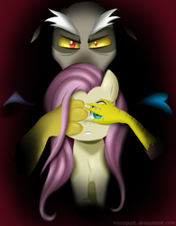 Size: 835x1072 | Tagged: safe, artist:musapan, discord, fluttershy, pegasus, pony, covering eyes, duo