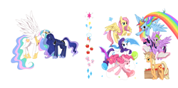 Size: 2100x1041 | Tagged: safe, artist:keep, derpibooru import, applejack, fluttershy, pinkie pie, princess celestia, princess luna, rainbow dash, rarity, spike, twilight sparkle, twilight sparkle (alicorn), alicorn, butterfly, dragon, earth pony, pegasus, pony, unicorn, apple, balloon, book, cute, cutie mark, eyes closed, fabric, female, food, magic, mane seven, mane six, mare, open mouth, pixiv, rainbow, royal sisters, simple background, telekinesis, white background