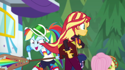 Size: 1920x1080 | Tagged: safe, screencap, applejack, fluttershy, rainbow dash, sci-twi, sunset shimmer, twilight sparkle, better together, equestria girls, sunset's backstage pass!, book, music festival outfit