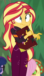 Size: 572x979 | Tagged: safe, screencap, applejack, fluttershy, sci-twi, sunset shimmer, twilight sparkle, better together, equestria girls, sunset's backstage pass!, cropped, music festival outfit