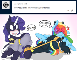 Size: 2871x2238 | Tagged: safe, artist:blackbewhite2k7, derpibooru import, rainbow dash, rarity, pegasus, pony, unicorn, ask, batman, cat ears, catwoman, clothes, costume, crossover, female, lesbian, parody, raridash, role reversal, shipping, tied, tumblr, whip