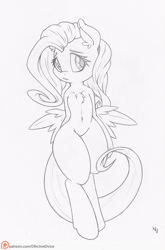 Size: 661x1000 | Tagged: safe, artist:dfectivedvice, fluttershy, pegasus, pony, semi-anthro, chest fluff, ear fluff, grayscale, monochrome, patreon, patreon logo, solo