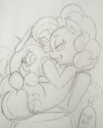 Size: 523x651 | Tagged: safe, artist:gingerthefox, minuette, pinkie pie, earth pony, pony, breathplay, laughing gas, monochrome, traditional art