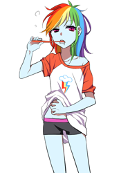 Size: 600x800 | Tagged: safe, artist:kona1025, derpibooru import, rainbow dash, equestria girls, anime, brushing teeth, clothes, cutie mark on clothes, female, morning ponies, shorts, simple background, solo, toothbrush, white background