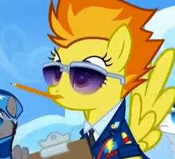Size: 732x669 | Tagged: safe, derpibooru import, screencap, spitfire, pony, top bolt, clipboard, cropped, cute, mouth hold, pencil