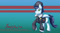 Size: 1024x576 | Tagged: safe, artist:ookamithewolf1, derpibooru import, soarin', ancient wonderbolts uniform, commander easy glider, old cutie mark, solo, wallpaper