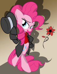 Size: 1400x1800 | Tagged: safe, artist:geraritydevillefort, pinkie pie, earth pony, pony, bedroom eyes, clothes, crossover, cute, diapinkes, female, flower, hat, hoof hold, looking at you, mare, open mouth, pose, rose, shadow, solo, standing, the scarlet pimpernel, top hat