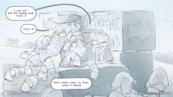 Size: 3840x2160 | Tagged: safe, artist:icychamber, derpibooru import, applejack, rainbow dash, earth pony, pegasus, pony, comic:on the edge, comic, frostpunk, monochrome, snow, speech bubble, text