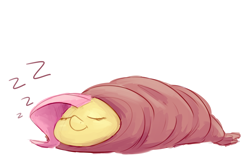 Size: 1822x1148 | Tagged: safe, artist:nobody, fluttershy, pegasus, pony, :t, blanket burrito, cute, eyes closed, female, mare, prone, shyabetes, simple background, sleeping, smiling, solo, white background, zzz