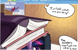 Size: 1200x770 | Tagged: safe, derpibooru import, twilight sparkle, and then there's this asshole, book fort, cute, derpibooru, exploitable meme, meme, meta, spider-man