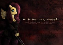 Size: 1980x1400 | Tagged: safe, artist:shakuchan, fluttershy, anthro, angel with a shotgun, brick wall, gun, looking at you, lyrics, nightcore, shotgun, solo, song reference, text, weapon