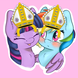 Size: 2300x2300 | Tagged: safe, artist:dbleki, derpibooru import, edit, rainbow dash, twilight sparkle, twilight sparkle (alicorn), alicorn, pegasus, pony, :p, blushing, bust, cheek fluff, chest fluff, cute, dashabetes, ear fluff, eyes closed, female, fluffy, fluffyball, hug, lesbian, mitre, pink background, portrait, shipping, signature, simple background, tongue out, twiabetes, twidash, winghug