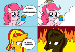 Size: 1305x897 | Tagged: safe, artist:logan jones, pinkie pie, sunset shimmer, pony, better together, equestria girls, sunset's backstage pass!, churros, comic, equestria girls ponified, fiery shimmer, fire, food, french fries, halo, heaven, hell, just one bite, ponified, soulless, spongebob squarepants