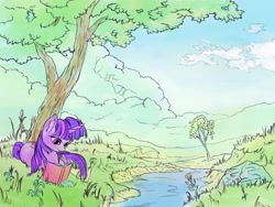 Size: 1200x900 | Tagged: safe, artist:viwrastupr, derpibooru import, twilight sparkle, book, lying down, reading, river, scenery, solo, tree, under the tree
