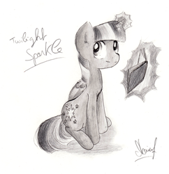 Size: 2000x2065 | Tagged: safe, artist:nairua, derpibooru import, twilight sparkle, twilight sparkle (alicorn), alicorn, pony, book, drawing, magic, monochrome, solo