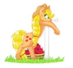 Size: 900x840 | Tagged: safe, artist:ahometoons, applejack, earth pony, pony, apple, fence, leaning, solo, sweat, tired