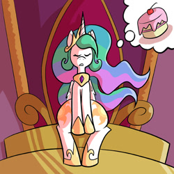 Size: 576x576 | Tagged: safe, artist:pembroke, princess celestia, alicorn, pony, both cutie marks, cake, cakelestia, eyes closed, fat ass, food, thick, thiklestia, thinking, thought bubble, throne