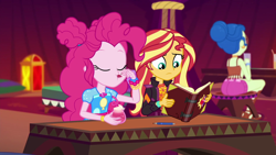 Size: 1920x1080 | Tagged: safe, screencap, laurel jade, pinkie pie, sunset shimmer, better together, equestria girls, sunset's backstage pass!, ass, book, butt, cherry, clothes, eating, female, food, halter top, music festival outfit, shorts, sunset's journal