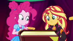 Size: 1920x1080 | Tagged: safe, screencap, pinkie pie, sunset shimmer, better together, equestria girls, sunset's backstage pass!, book, music festival outfit