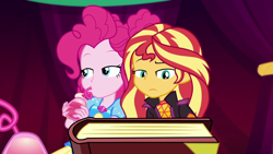 Size: 1920x1080 | Tagged: safe, screencap, pinkie pie, sunset shimmer, better together, equestria girls, sunset's backstage pass!, book, music festival outfit