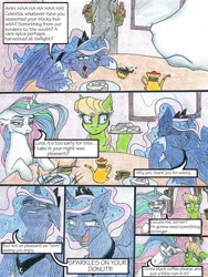 Size: 1024x1365 | Tagged: safe, artist:tillie-tmb, princess celestia, princess luna, oc, alicorn, pony, comic:the amulet of shades, cinnamon bun, comic, food, laughing, traditional art