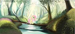 Size: 6578x2998 | Tagged: safe, artist:tgolyi, fluttershy, pegasus, pony, forest, river, solo, tree trunk