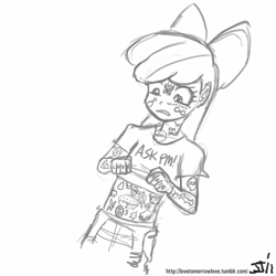 Size: 800x800 | Tagged: safe, artist:johnjoseco, apple bloom, human, cutie mark, cutie mark on human, cutie pox, grayscale, humanized, monochrome