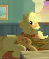 Size: 1535x1847 | Tagged: safe, artist:xwhitedreamsx, applejack, earth pony, pony, alternate hairstyle, bed mane, loose hair, morning ponies, solo