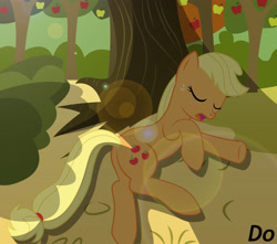 Size: 4067x3600 | Tagged: safe, artist:newcutiemark, applejack, earth pony, pony, hatless, lens flare, missing accessory, on side, sleeping, solo, tree