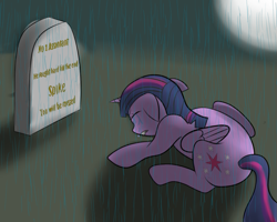 Size: 999x799 | Tagged: safe, artist:kickassking, derpibooru import, spike, twilight sparkle, twilight sparkle (alicorn), alicorn, dragon, pony, abuse, crying, female, gravestone, immortality blues, implied death, mare, moon, rain, sad, solo, spikeabuse