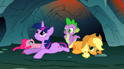 Size: 1366x768 | Tagged: safe, screencap, applejack, pinkie pie, spike, twilight sparkle, dragon, earth pony, pony, a dog and pony show