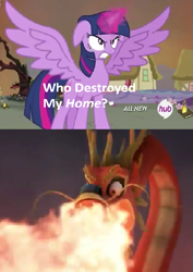 Size: 427x604 | Tagged: safe, derpibooru import, twilight sparkle, twilight sparkle (alicorn), alicorn, pony, twilight's kingdom, enter the dragon, female, golden oaks library, hub logo, ke-pa, kung fu panda, mare, meme, sadism, who destroyed twilight's home, you monster