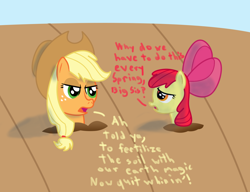 Size: 1300x1000 | Tagged: safe, artist:mightyshockwave, apple bloom, applejack, earth pony, pony, accent, buried, dirt, earth pony magic, female, fertilizer, filly, mare, mlpgdraws, spring