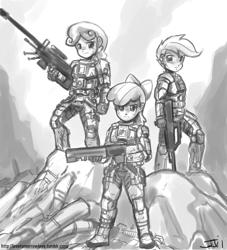 Size: 1000x1100 | Tagged: safe, artist:johnjoseco, apple bloom, scootaloo, sweetie belle, human, crossover, cutie mark crusaders, grayscale, halo (series), humanized, military, monochrome, no trigger discipline, this will end in tears