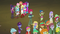 Size: 1920x1080 | Tagged: safe, screencap, applejack, duke suave, fluttershy, frosty orange, golden hazel, hunter hedge, laurel jade, lemon zack, microchips, orange sunrise, peppermint azure, pinkie pie, rainbow dash, rarity, sandy cerise, sci-twi, snow flower, space camp (character), sunset shimmer, twilight sparkle, better together, equestria girls, sunset's backstage pass!, background human, fry lilac, humane five, humane seven, humane six, music festival outfit, oxford brush, shoes, sneakers