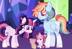 Size: 1280x878 | Tagged: safe, artist:moon-rose-rosie, derpibooru import, rainbow dash, twilight sparkle, twilight sparkle (alicorn), oc, oc:celestial moon, alicorn, pegasus, pony, baby, baby pony, base used, female, magic, male, offspring, parent:rainbow dash, parent:twilight sparkle, parents:twidash, shipping, straight, transgender, twidash