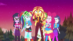 Size: 1920x1080 | Tagged: safe, screencap, applejack, fluttershy, pinkie pie, rainbow dash, rarity, sci-twi, sunset shimmer, twilight sparkle, better together, equestria girls, sunset's backstage pass!, humane five, humane seven, humane six, music festival outfit