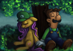 Size: 1000x700 | Tagged: safe, artist:genbulein, fluttershy, pegasus, pony, crack shipping, crossover, crossover shipping, eyes closed, holding hands, luigi, luigishy, shipping, sitting, super mario bros., tree, under the tree