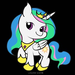 Size: 800x800 | Tagged: safe, artist:lazyin26, princess celestia, alicorn, pony, black background, chibi, crown, jewelry, looking at you, peytral, raised hoof, regalia, simple background, solo