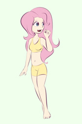 Size: 600x900 | Tagged: safe, artist:samofbob, fluttershy, human, belly button, clothes, female, green background, humanized, looking away, midriff, shorts, simple background, solo, tanktop