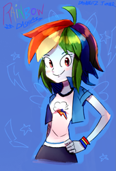 Size: 717x1053 | Tagged: safe, artist:manic-the-lad, derpibooru import, rainbow dash, equestria girls, a dash of everything, alternate hairstyle, lightning, short hair rainbow dash, solo, stars