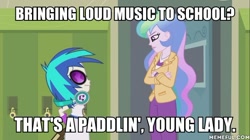 Size: 600x337 | Tagged: safe, edit, edited screencap, screencap, dj pon-3, princess celestia, principal celestia, vinyl scratch, equestria girls, music to my ears, image macro, meme, paddling, the simpsons