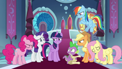 Size: 1920x1080 | Tagged: safe, derpibooru import, screencap, applejack, fluttershy, pinkie pie, rainbow dash, rarity, spike, twilight sparkle, twilight sparkle (alicorn), alicorn, dragon, earth pony, pegasus, pony, unicorn, between dark and dawn, crossed hooves, eyes closed, female, male, mane seven, mane six, mare, open mouth, scroll, scrunchy face, winged spike