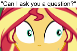 Size: 1280x848 | Tagged: safe, edit, edited screencap, editor:shyinka, screencap, sunset shimmer, better together, equestria girls, sunset's backstage pass!, anxiety, caption, exploitable meme, insecure, meme, question, reaction image, relatable, solo, uncomfortable