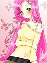 Size: 693x922 | Tagged: safe, artist:vjhh, derpibooru import, fluttershy, butterfly, human, blushing, clothes, cute, cutie mark on clothes, female, flower, flower in hair, humanized, miniskirt, moe, off shoulder, pantyhose, pleated skirt, shyabetes, skirt, solo