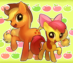 Size: 1150x1000 | Tagged: safe, artist:funuu, apple bloom, applejack, earth pony, pony, apple, blank flank, cute, female, filly, looking at you, mare, open mouth, pixiv, raised hoof, siblings, sisters