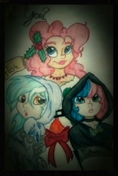 Size: 820x1230 | Tagged: safe, artist:gingerthefox, bon bon, lyra heartstrings, pinkie pie, sweetie drops, human, a christmas carol, ghosts of christmas, humanized, traditional art